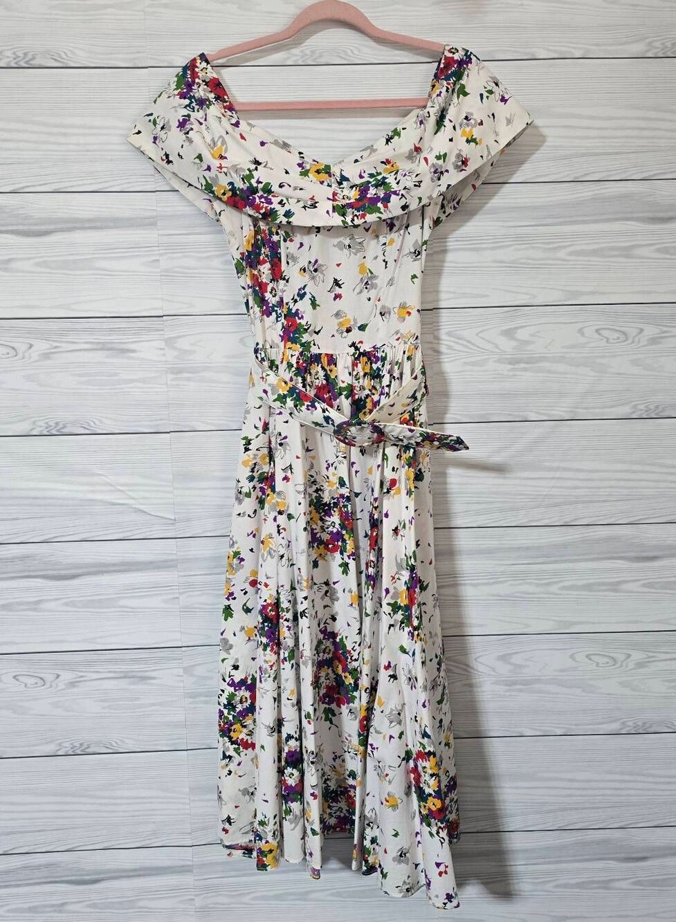 Decisions Vintage White Floral Midi Swing Dress 8 Retro Rockabilly Pin-Up Housew